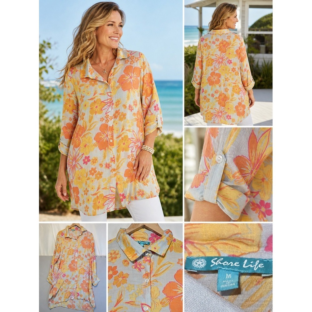 Shore Life Floral Button Up Tunic Top Medium Tropical Tab Sleeve Beachy Lightwei